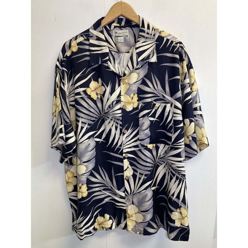 Monterey Club Hawaiian Camp Shirt Mens XL Blue Short‎ Sleeve Silk Hibiscus